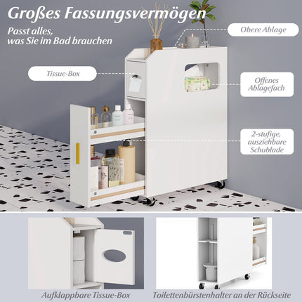 Schmaler Badezimmerschrank mit Schublade und Kosmetiktuchbox, Weiß