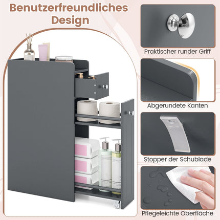 Schmaler Badezimmerschrank mit Schubladen, Grau, platzsparendes Design