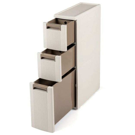 Slim Beige 3-Tier Rolling Storage Cabinet with Drawers