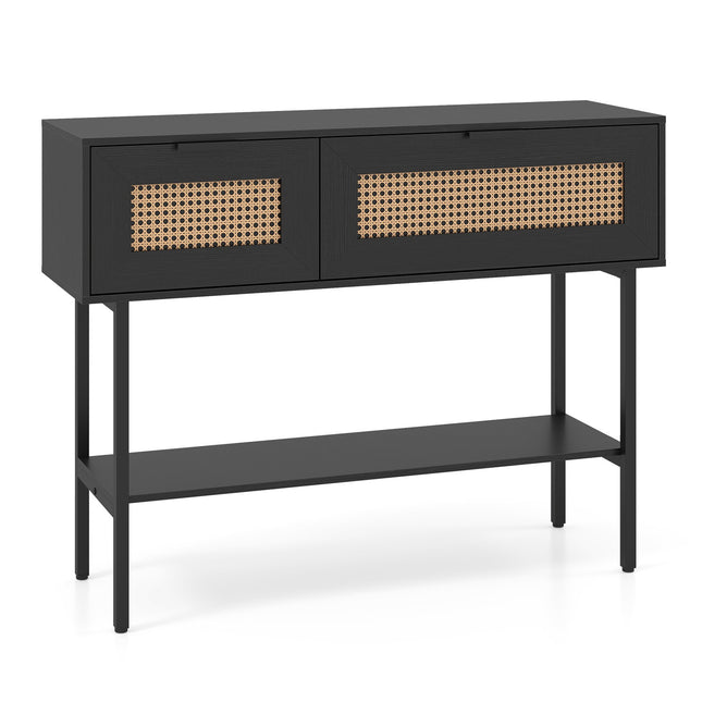 Schlanker schwarzer Konsolentisch mit 2 Ablagen und Rattan-Design