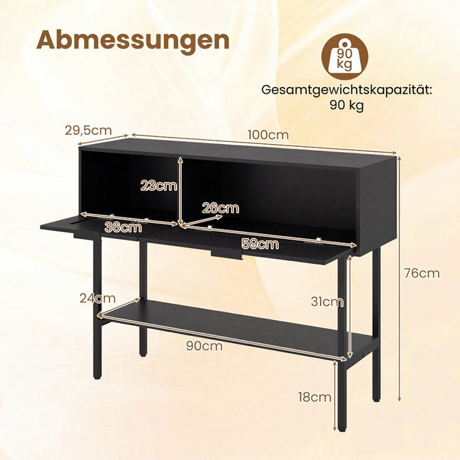Schlanker schwarzer Konsolentisch mit 2 Ablagen und Rattan-Design