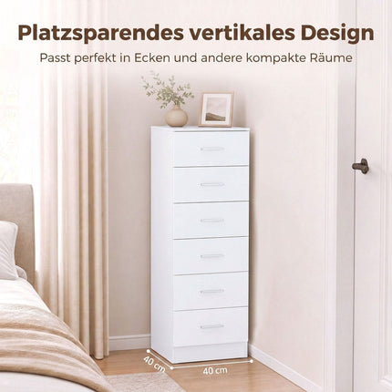 Slim Chest of 6 Drawers 40 x 40 x 110 cm with Anti-Tip Kit, White Wood Grain