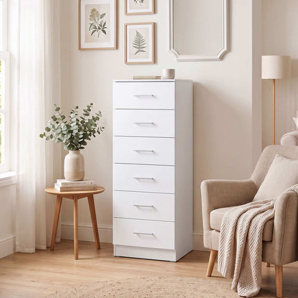 Slim Chest of 6 Drawers 40 x 40 x 110 cm with Anti-Tip Kit, White Wood Grain