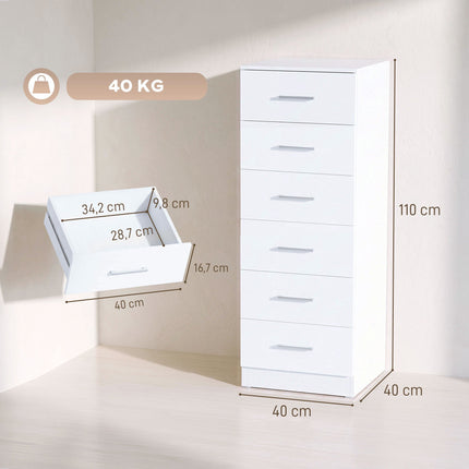 Slim Chest of 6 Drawers 40 x 40 x 110 cm with Anti-Tip Kit, White Wood Grain
