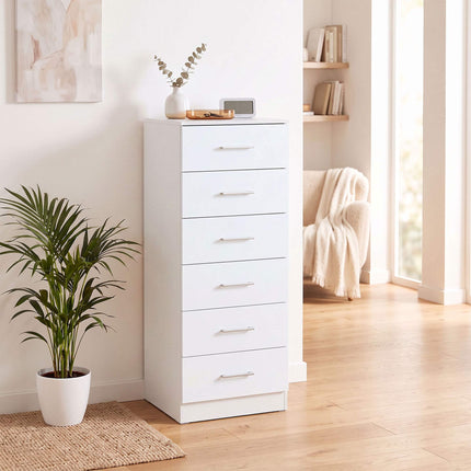 Slim Chest of 6 Drawers 40 x 40 x 110 cm with Anti-Tip Kit, White Wood Grain