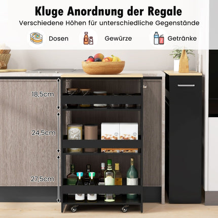 Slim Kitchen Trolley, 4-Tier, 20cm Wide, Black, Rolling