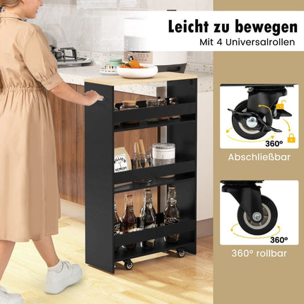 Slim Kitchen Trolley, 4-Tier, 20cm Wide, Black, Rolling