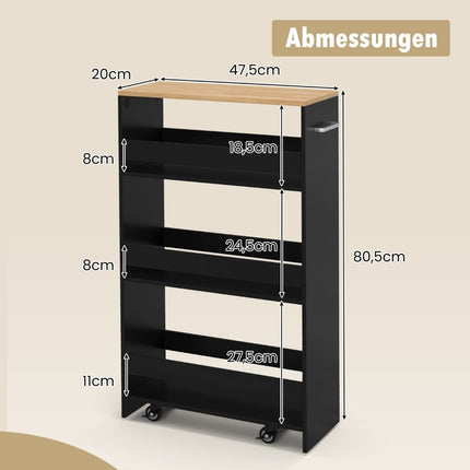 Slim Kitchen Trolley, 4-Tier, 20cm Wide, Black, Rolling