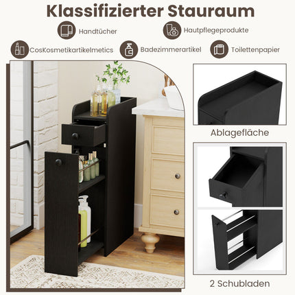 Schlanker Badschrank auf Rollen mit offenem Regal und 2 Schubladen
