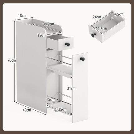 Schmaler Rollbadezimmerschrank mit offenem Regal und 2 Schubladen