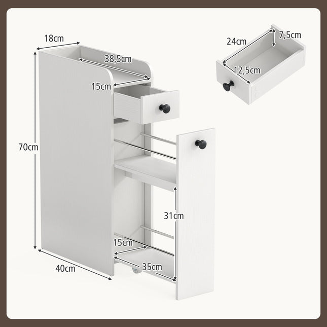 Schmaler Rollbadezimmerschrank mit offenem Regal und 2 Schubladen