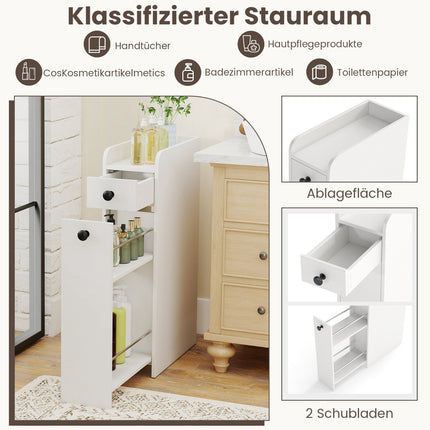 Schmaler Rollbadezimmerschrank mit offenem Regal und 2 Schubladen