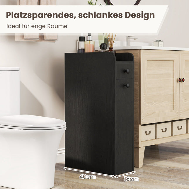 Schlanker Badschrank auf Rollen mit offenem Regal und 2 Schubladen
