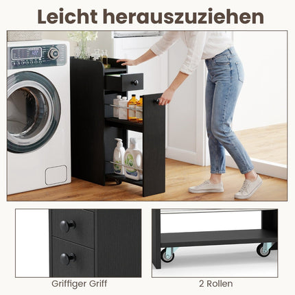 Schlanker Badschrank auf Rollen mit offenem Regal und 2 Schubladen