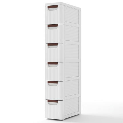 Slim Rolling Storage Cabinet with 6 Drawers, White, PP Material