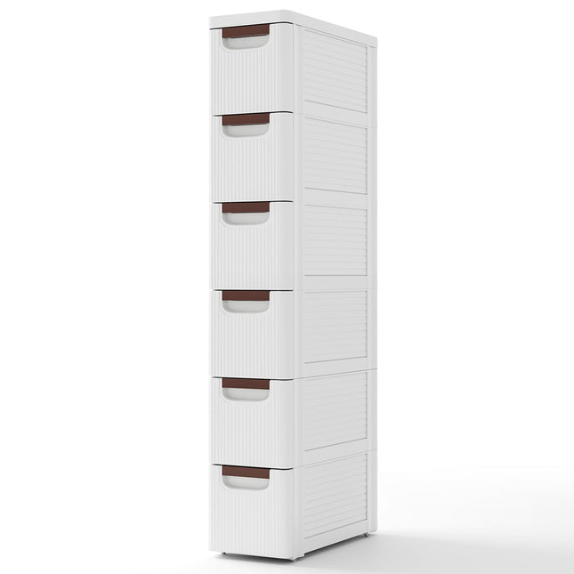 Schlanker Rollcontainer mit 6 Schubladen, weiß, PP-Material