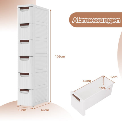 Slim Rolling Storage Cabinet with 6 Drawers, White, PP Material