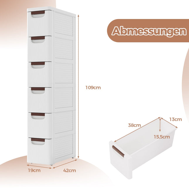 Schlanker Rollcontainer mit 6 Schubladen, weiß, PP-Material