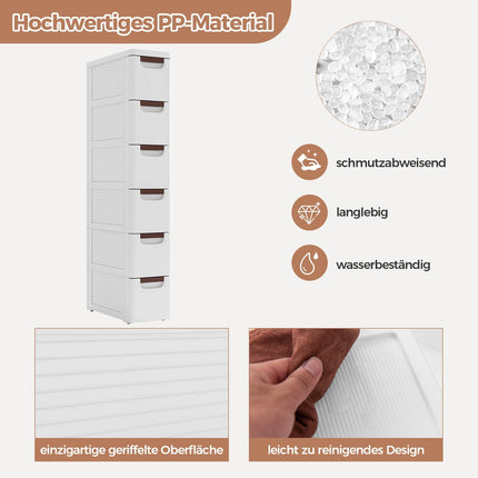 Slim Rolling Storage Cabinet with 6 Drawers, White, PP Material