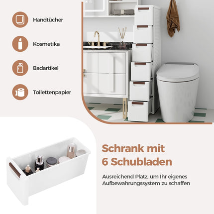 Slim Rolling Storage Cabinet with 6 Drawers, White, PP Material