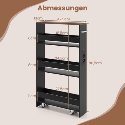 Schlanker Rollwagen mit Ladestation, 4-lagig, Schwarz