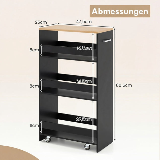 Schmaler Rollwagen mit Ladestation, 4-lagig, Schwarz