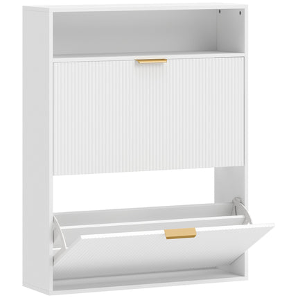 Schlanker Schuhschrank, 2 Klappfächer, obere Ablage – 24 cm tief, weiß