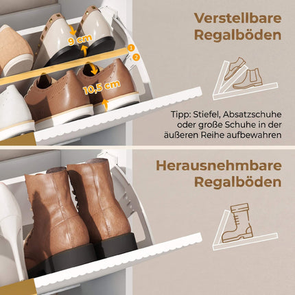Schlanker Schuhschrank, 2 Klappfächer, obere Ablage – 24 cm tief, weiß