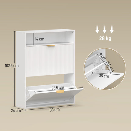 Schlanker Schuhschrank, 2 Klappfächer, obere Ablage – 24 cm tief, weiß