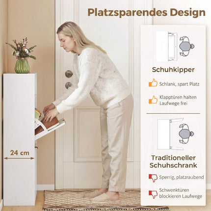 Schlanker Schuhschrank, 2 Klappfächer, obere Ablage – 24 cm tief, weiß
