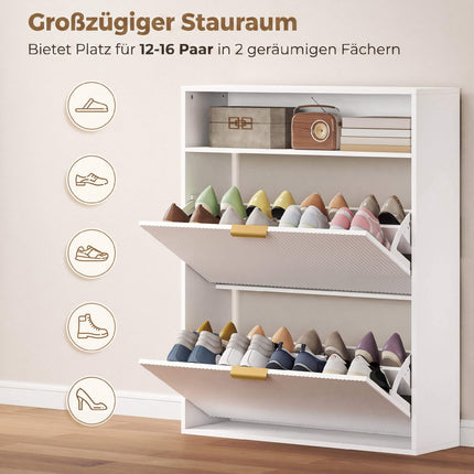 Schlanker Schuhschrank, 2 Klappfächer, obere Ablage – 24 cm tief, weiß