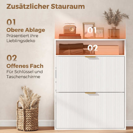 Schlanker Schuhschrank, 2 Klappfächer, obere Ablage – 24 cm tief, weiß