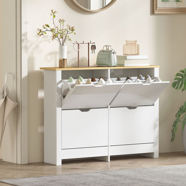 Slim Shoe Cabinet, 4 Flip Drawers, Holds 16 Pairs
