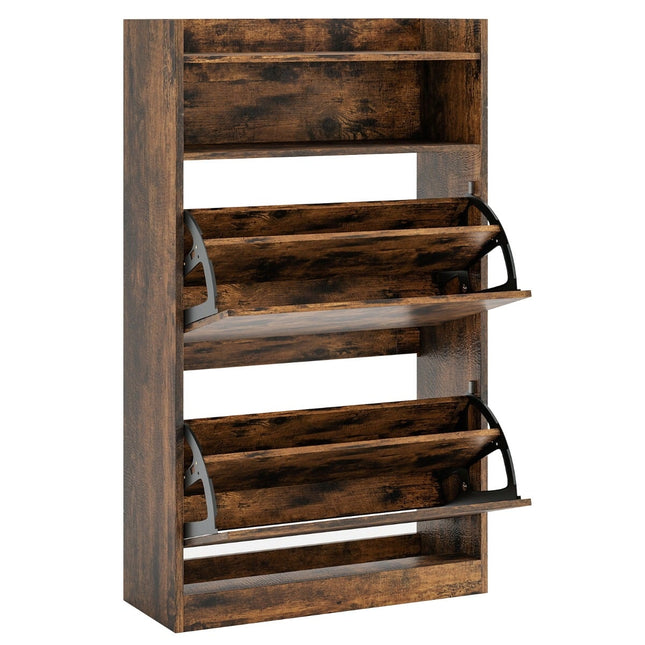 Slim Shoe Cabinet with 2 Flip Compartments, Rustic Wood
