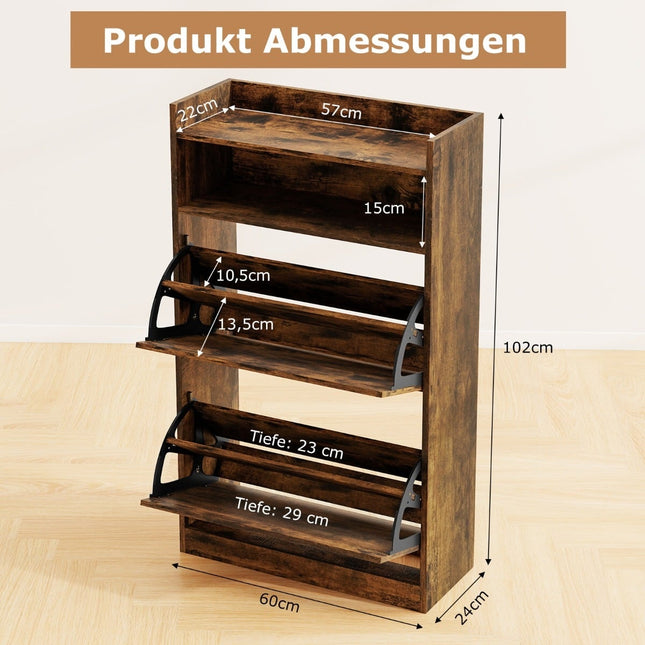 Slim Shoe Cabinet with 2 Flip Compartments, Rustic Wood