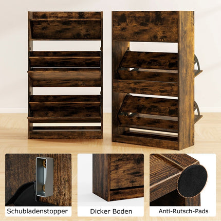 Schlanker Schuhschrank mit 2 Klappfächern, rustikales Holz