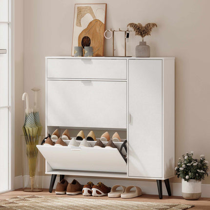 Slim Shoe Cabinet with 2 Flip Compartments, White MDF