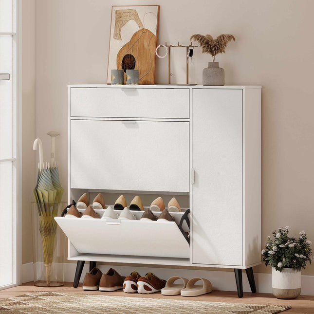 Slim Shoe Cabinet with 2 Flip Compartments, White MDF