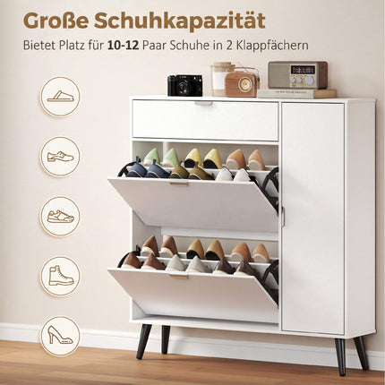 Slim Shoe Cabinet with 2 Flip Compartments, White MDF