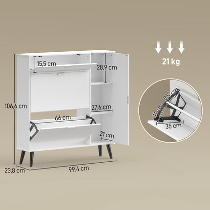 Slim Shoe Cabinet with 2 Flip Compartments, White MDF