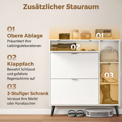 Slim Shoe Cabinet with 2 Flip Compartments, White MDF
