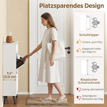 Slim Shoe Cabinet with 2 Flip Compartments, White MDF