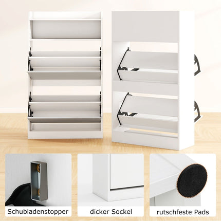 Slim Shoe Cabinet with 2 Flip Compartments, White Wood