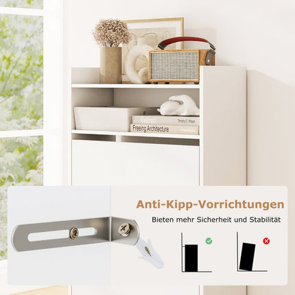 Slim Shoe Cabinet with 2 Flip Compartments, White Wood