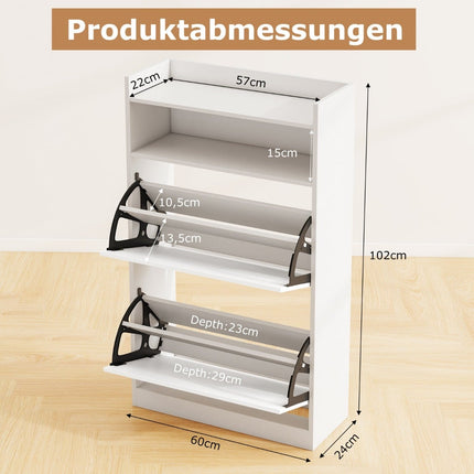 Slim Shoe Cabinet with 2 Flip Compartments, White Wood