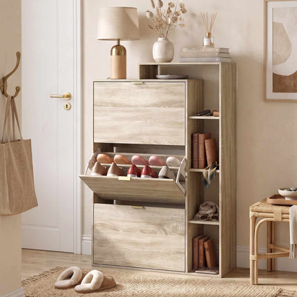 Slim Shoe Cabinet with 3 Flip Compartments for 18 Pairs, Natural, 25 cm Deep