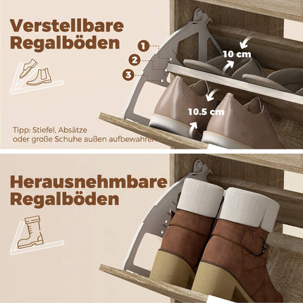 Slim Shoe Cabinet with 3 Flip Compartments for 18 Pairs, Natural, 25 cm Deep