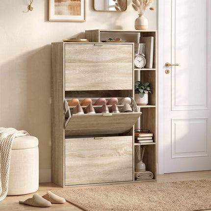 Slim Shoe Cabinet with 3 Flip Compartments for 18 Pairs, Natural, 25 cm Deep