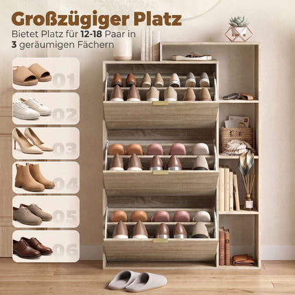 Slim Shoe Cabinet with 3 Flip Compartments for 18 Pairs, Natural, 25 cm Deep