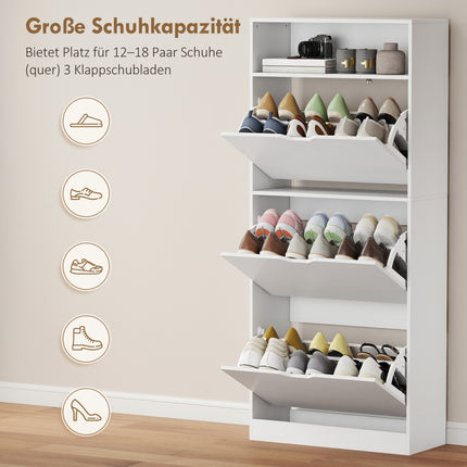 Slim Shoe Cabinet with 3 Flip-Down Drawers and Open Shelf, 12-18 Pairs, White